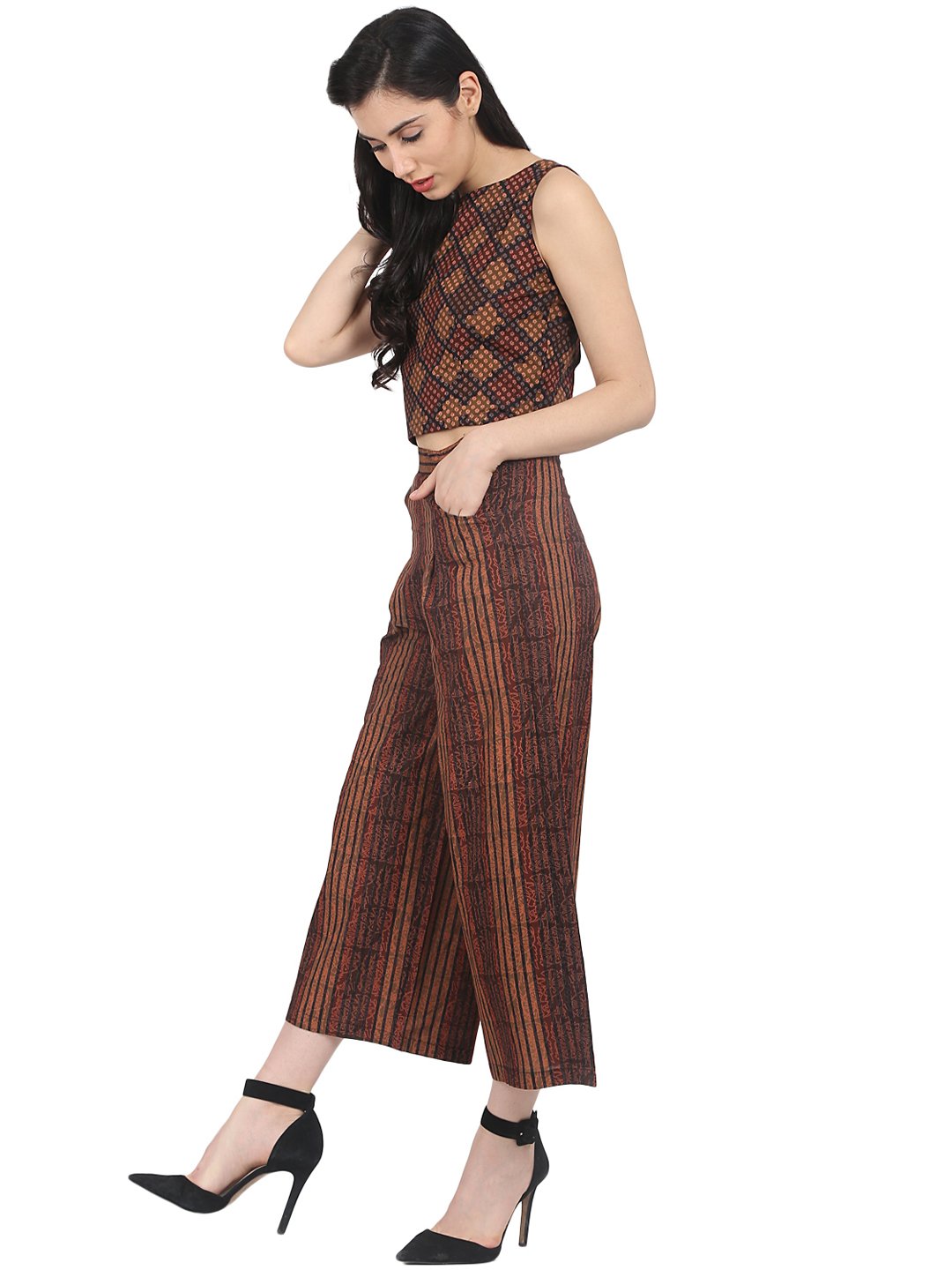 Brown check sleeveless crop top with striped calf length flared palazzo | NOZ2TOZ - Made In INDIA.