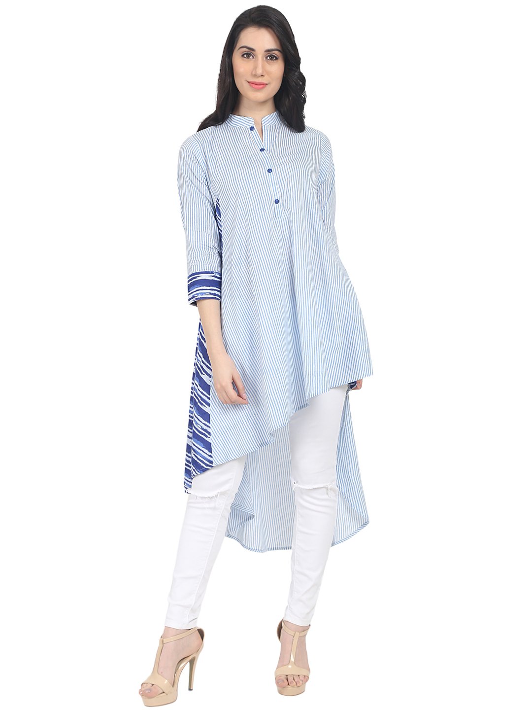 Blue striped 3/4th sleeve cotton A-line kurta | NOZ2TOZ - Made In INDIA.