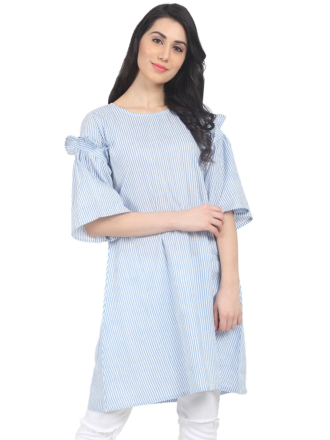 Blue striped half sleeve cotton Tunic | NOZ2TOZ - Made In INDIA.