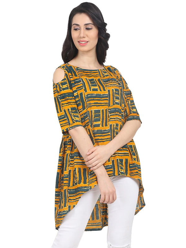 Mustard printed half sleeve cotton Asymetric top | NOZ2TOZ - Made In INDIA.