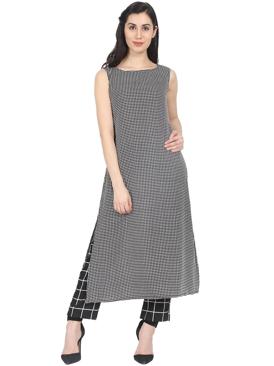 Black check printed sleeveless cotton kurta with black check palazzo | NOZ2TOZ - Made In INDIA.