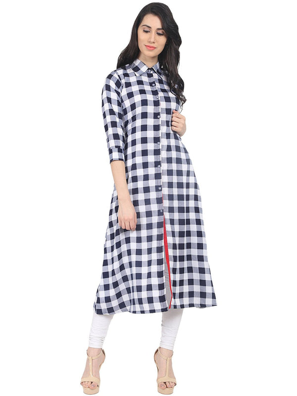 Blue check half sleeve crepe A-line kurta | NOZ2TOZ - Made In INDIA.