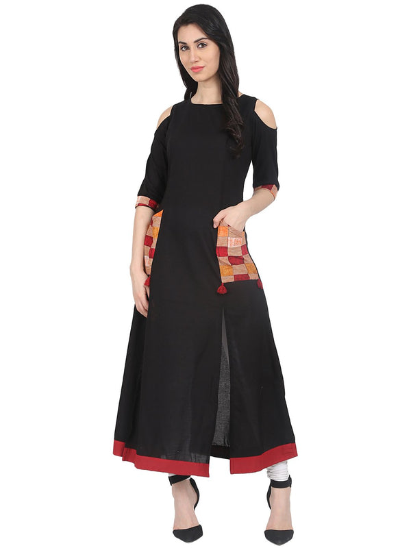 Black 3/4th sleeve cold shoulder cotton Anarkali Kurta with double pocket | NOZ2TOZ - Made In INDIA.