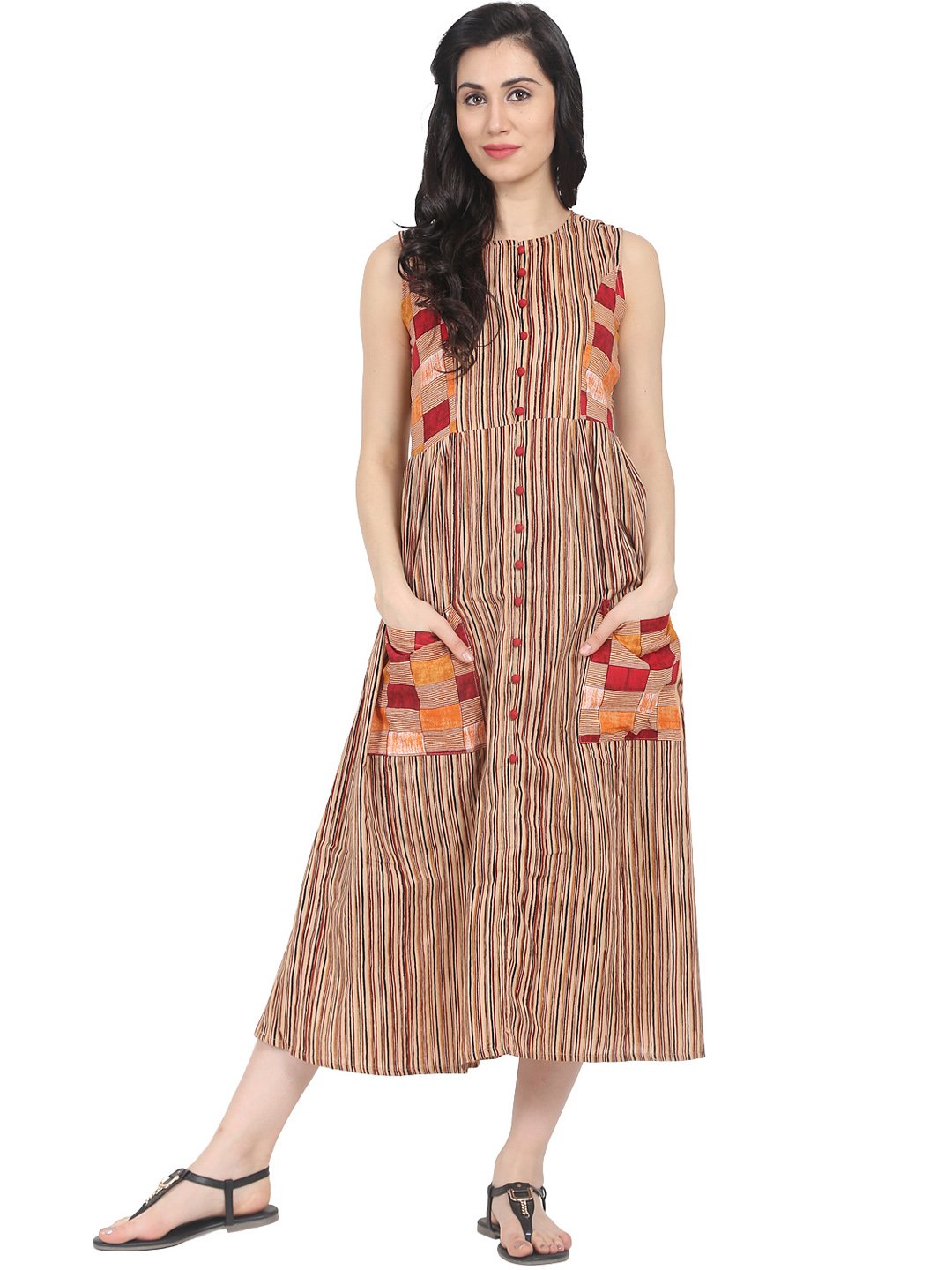 Brown striped sleeveless cotton double pocket maxi dress | NOZ2TOZ - Made In INDIA.