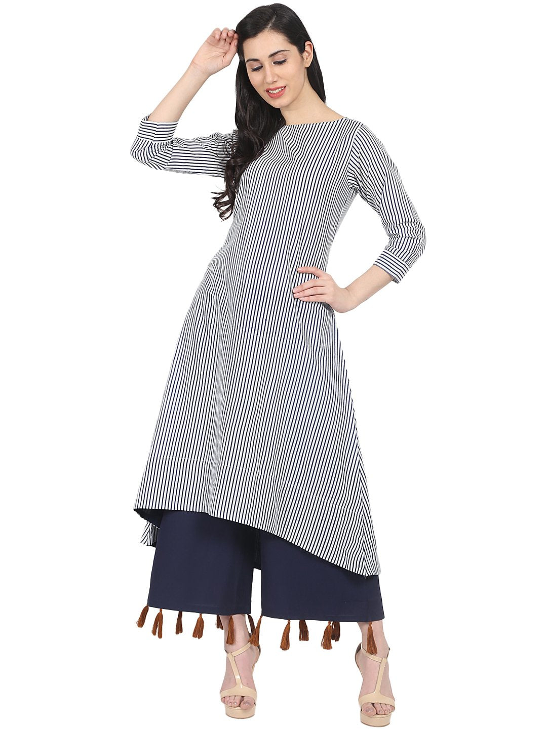 Blue striped 3/4th sleeve cotton A-line kurta | NOZ2TOZ - Made In INDIA.