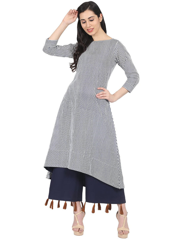 Blue striped 3/4th sleeve cotton A-line kurta | NOZ2TOZ - Made In INDIA.