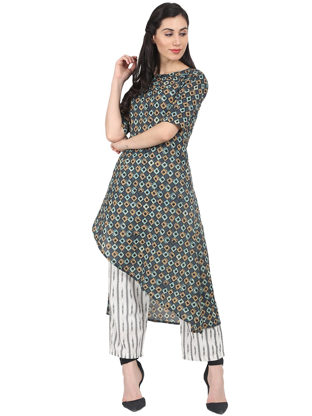 Grey printed half sleeve cotton Asymetric kutra with off white printed regular fit palazzo | NOZ2TOZ - Made In INDIA.