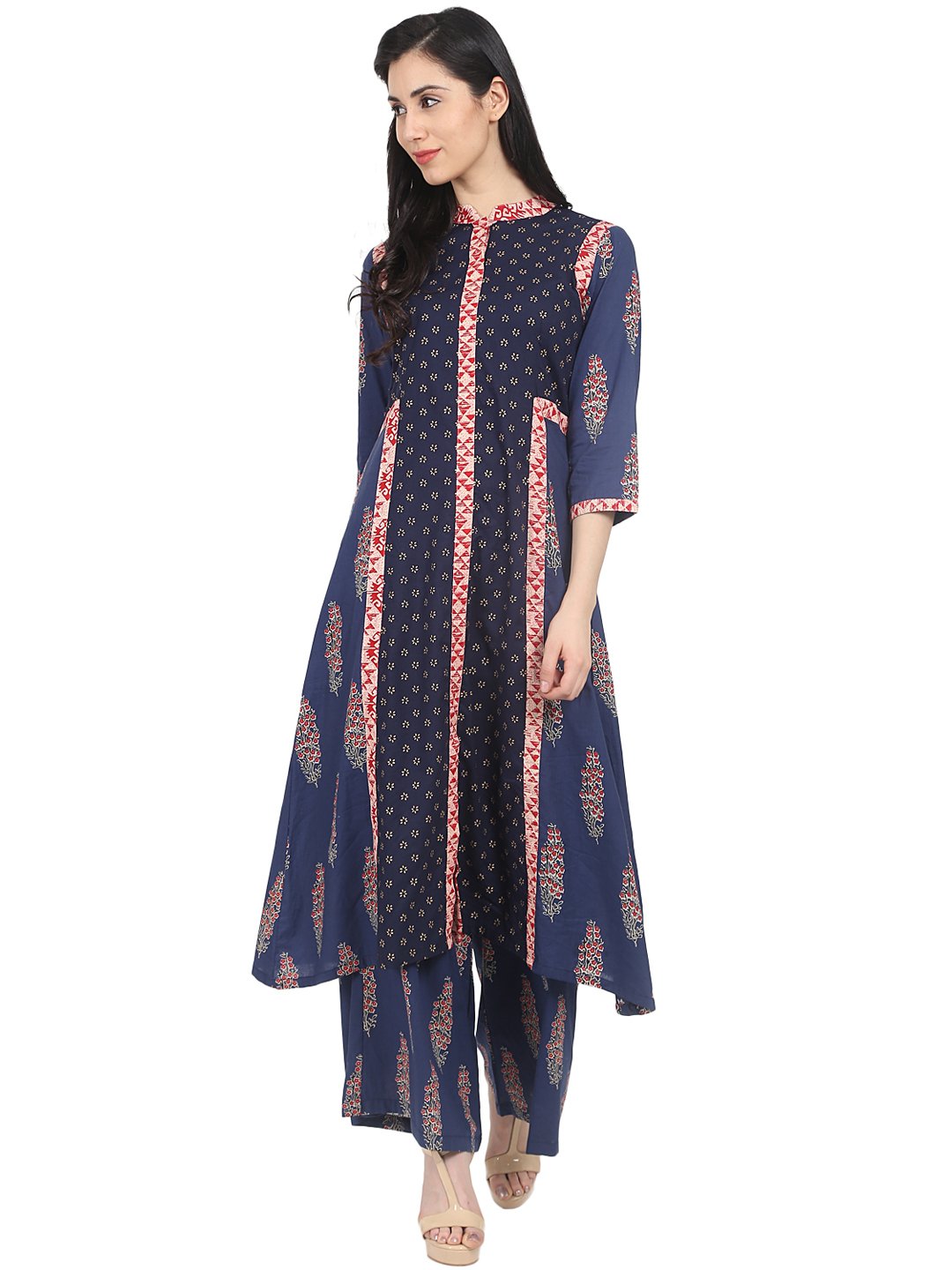 Blue butta printed half sleeve cotton A-line kurta with printed flared palazzo | NOZ2TOZ - Made In INDIA.