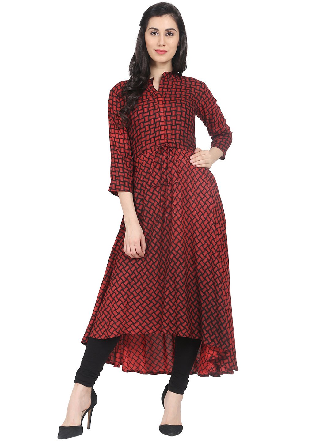 Dark red check printed 3/4th sleeve cotton Anarkali Kurta | NOZ2TOZ - Made In INDIA.