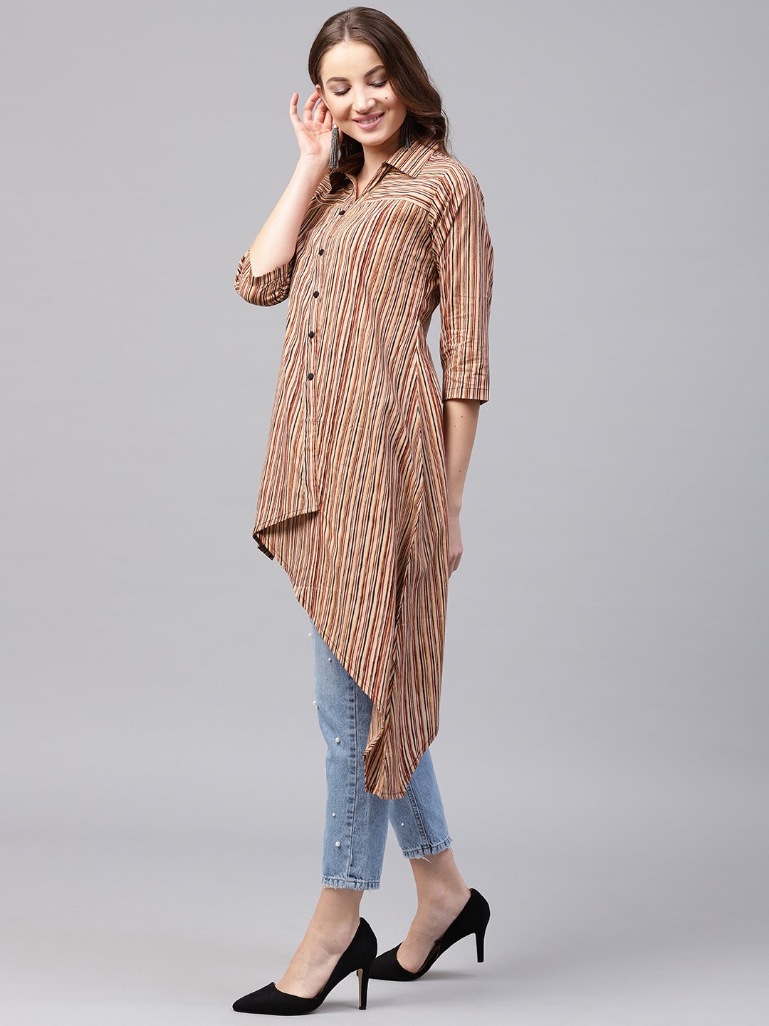 Beige striped 3/4th sleeve cotton Assymetric tunic | NOZ2TOZ - Made In INDIA.