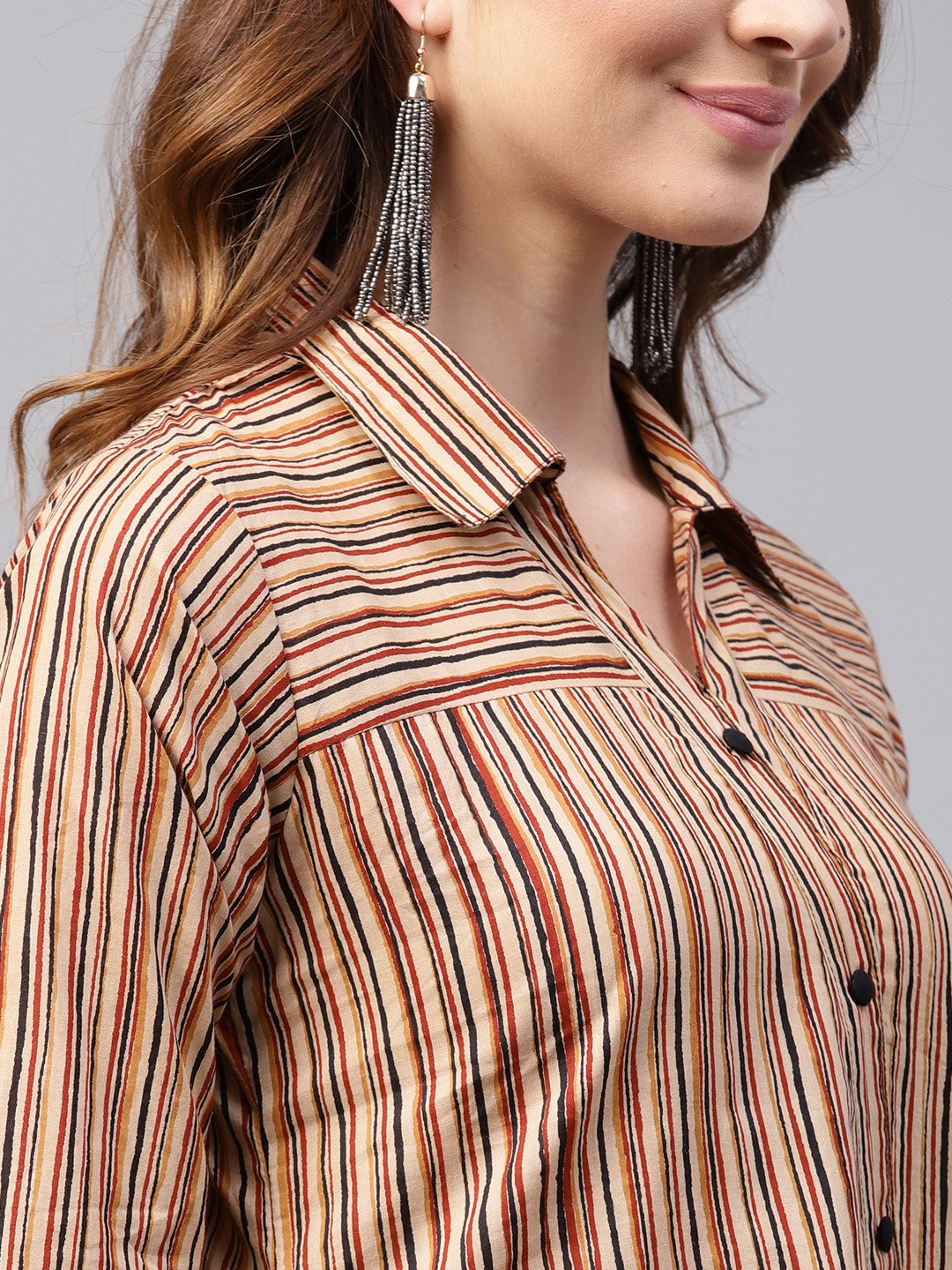 Beige striped 3/4th sleeve cotton Assymetric tunic | NOZ2TOZ - Made In INDIA.