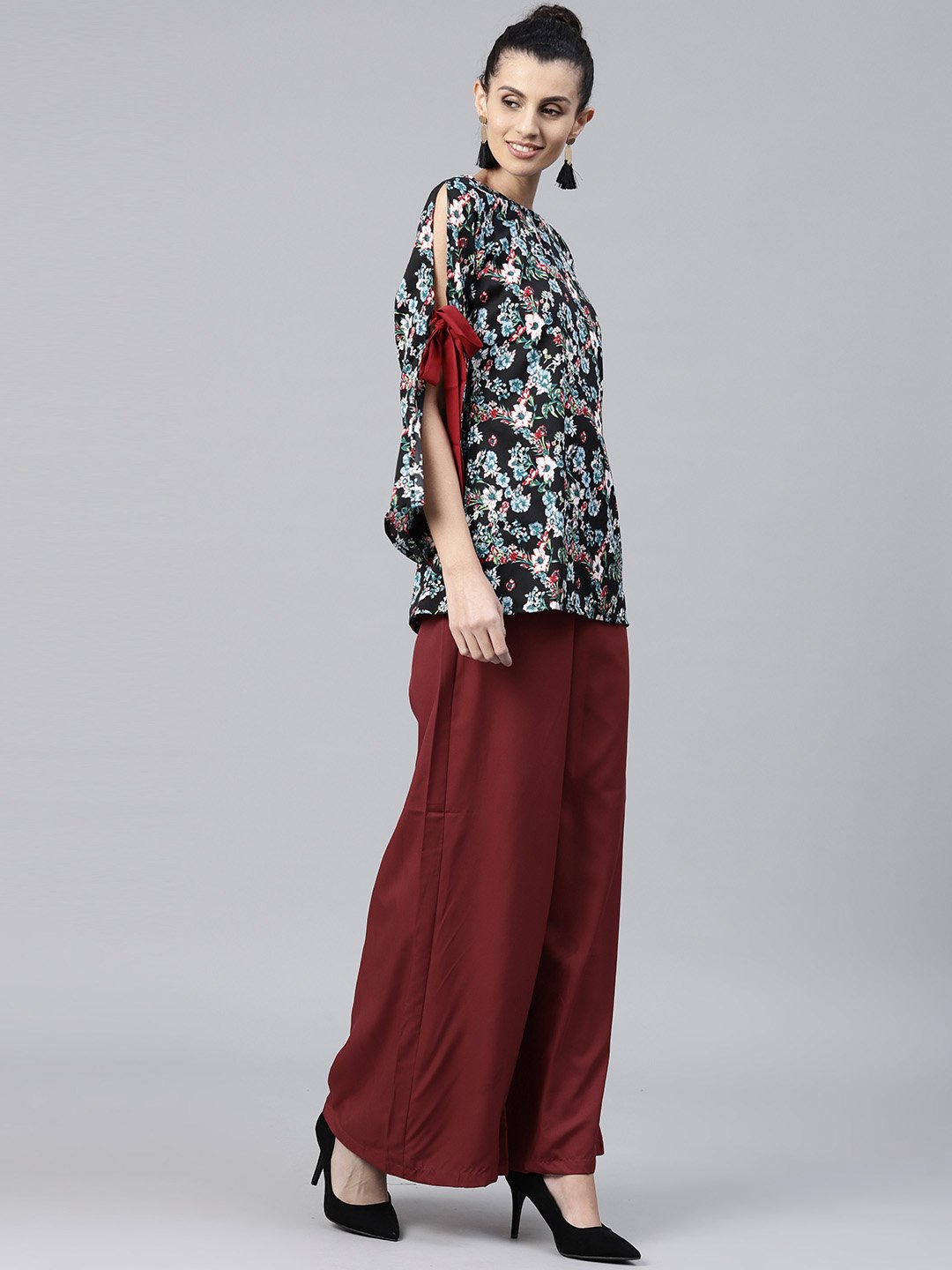 Black & Blue printed full sleeve Crepe tops with red palazzo | NOZ2TOZ - Made In INDIA.