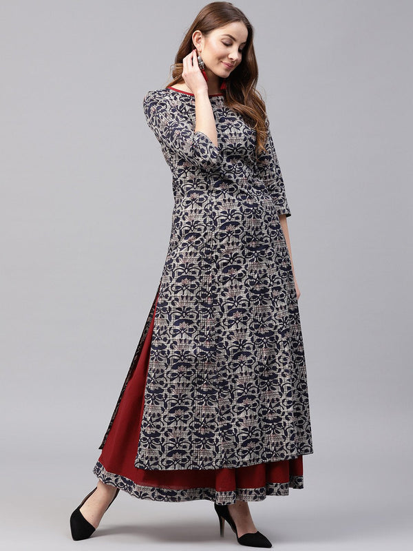 Blue printed 3/4th sleeve cotton kurta with red flared skirt | NOZ2TOZ - Made In INDIA.