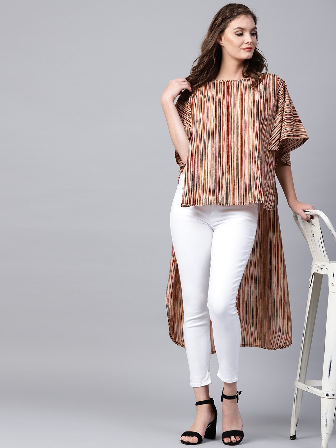 Beige striped half sleeve low high cotton tunics | NOZ2TOZ - Made In INDIA.