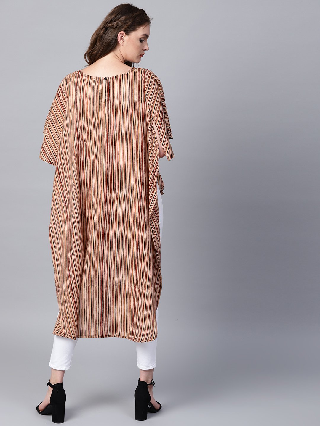 Beige striped half sleeve low high cotton tunics | NOZ2TOZ - Made In INDIA.