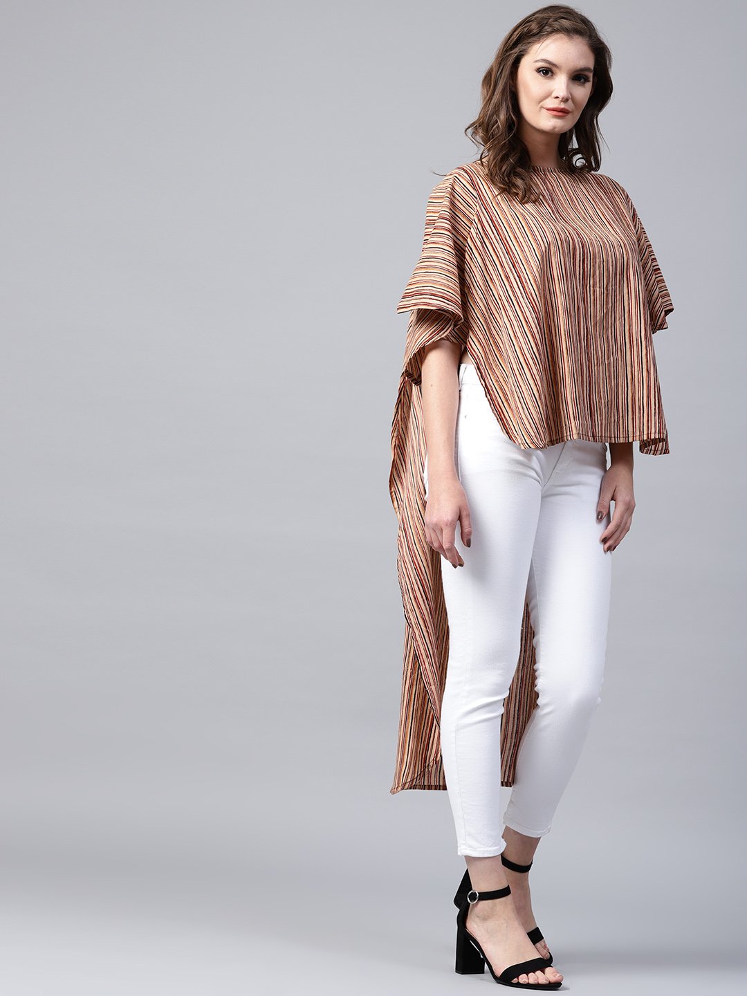 Beige striped half sleeve low high cotton tunics | NOZ2TOZ - Made In INDIA.