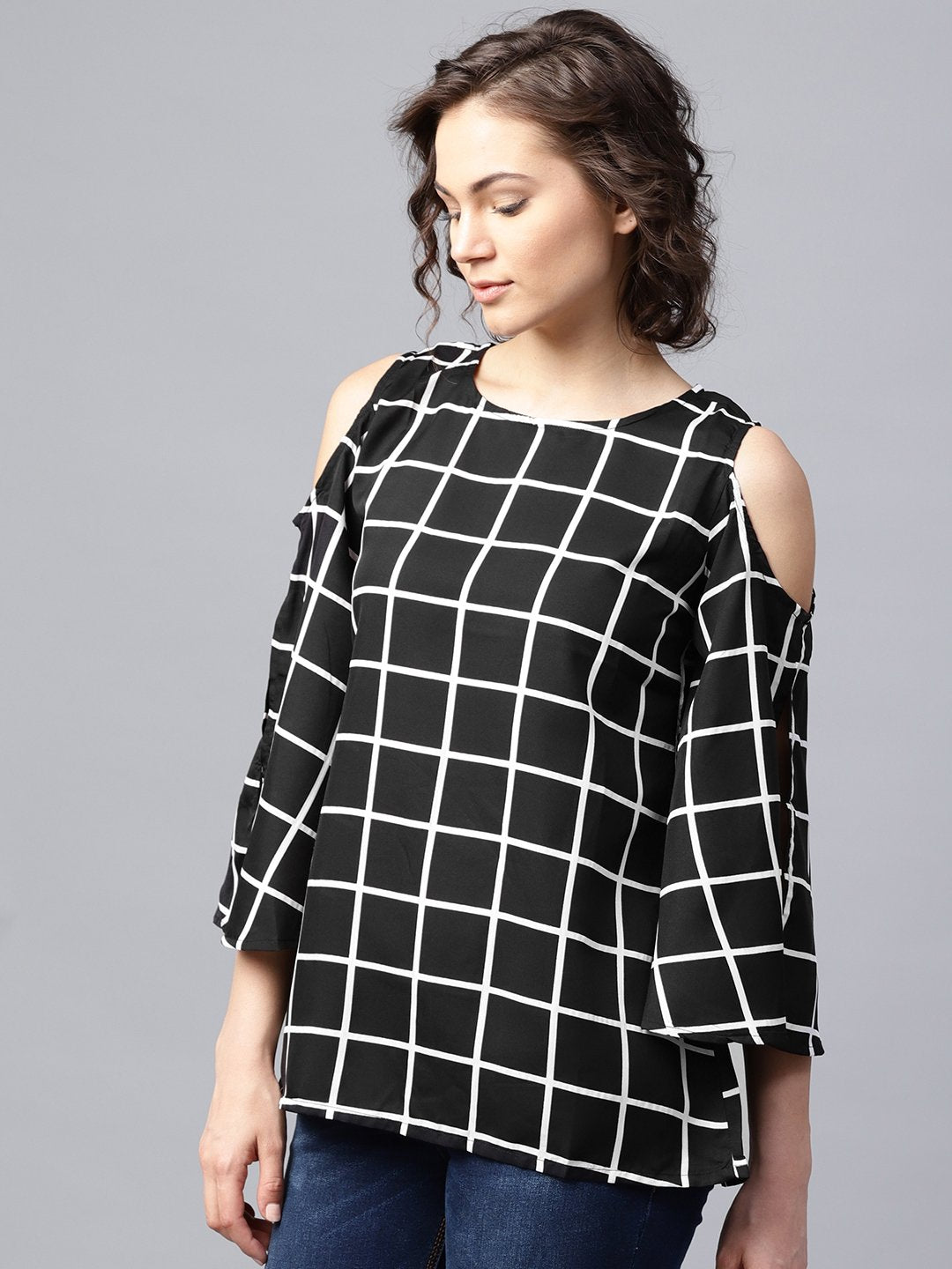 Black checked 3/4th sleeve cold shoulder crepe tunic | NOZ2TOZ - Made In INDIA.