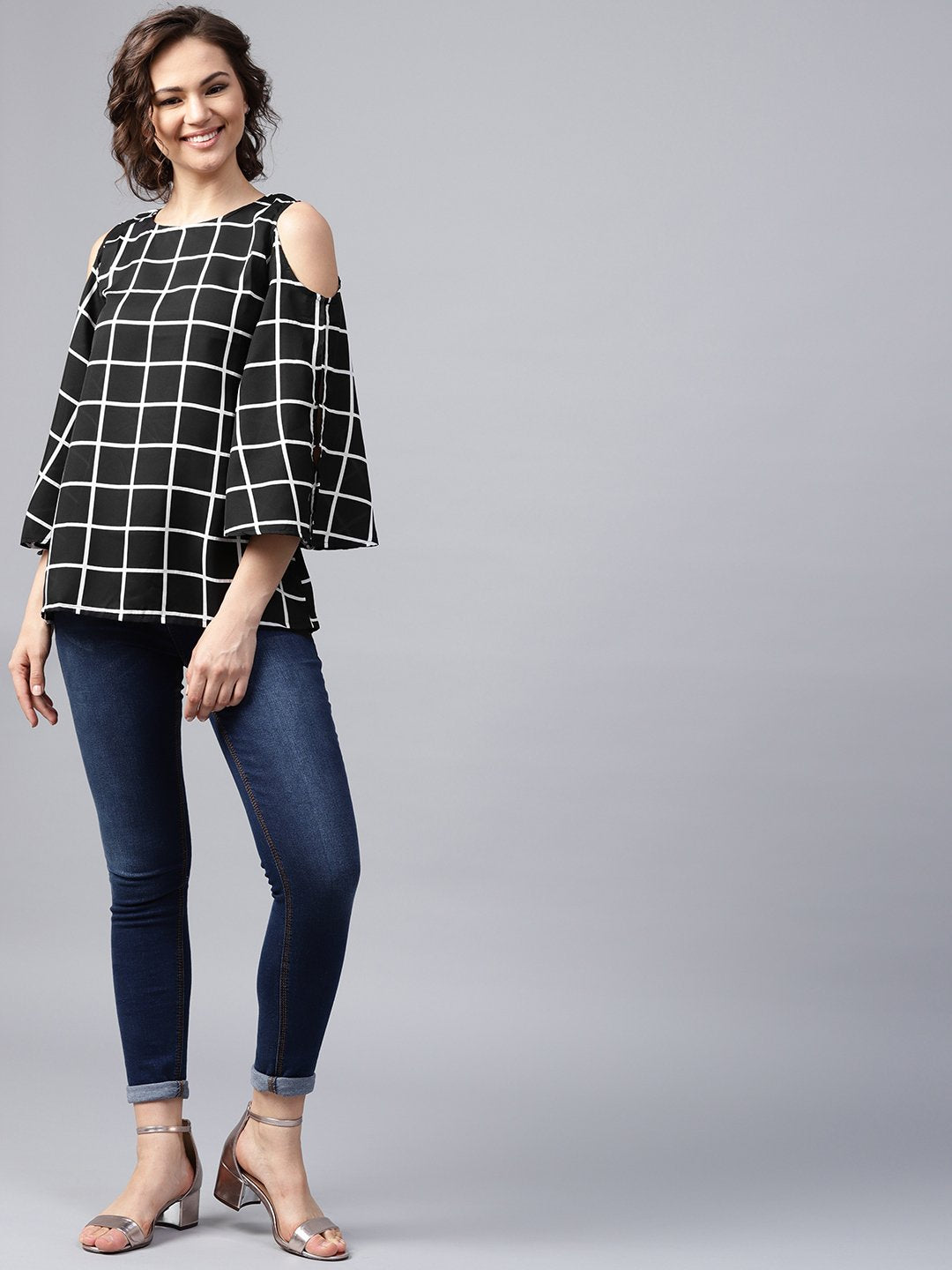 Black checked 3/4th sleeve cold shoulder crepe tunic | NOZ2TOZ - Made In INDIA.