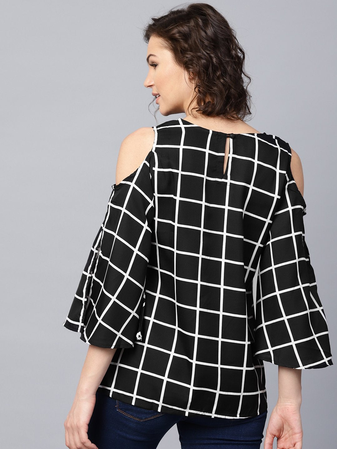 Black checked 3/4th sleeve cold shoulder crepe tunic | NOZ2TOZ - Made In INDIA.