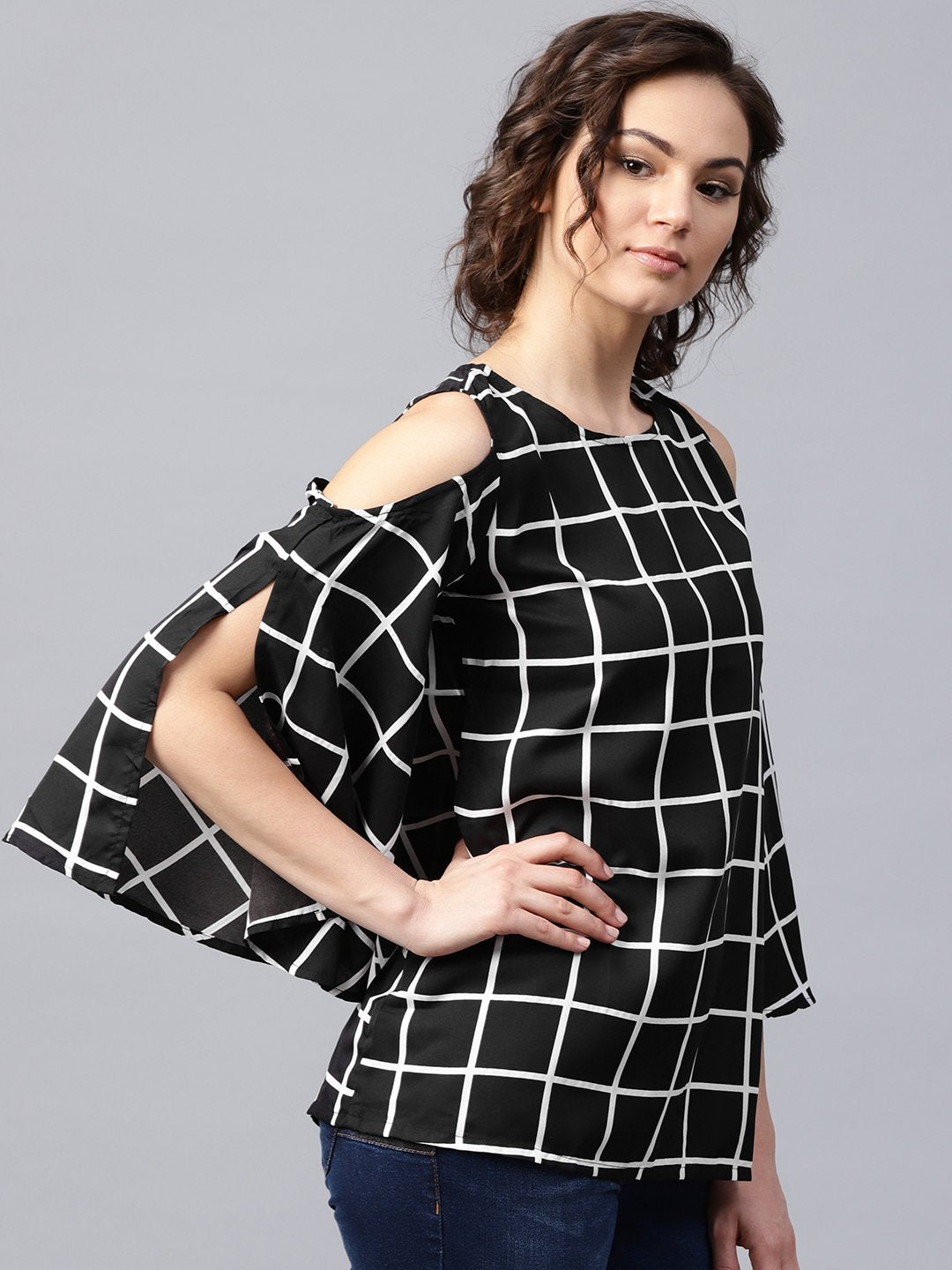 Black checked 3/4th sleeve cold shoulder crepe tunic | NOZ2TOZ - Made In INDIA.