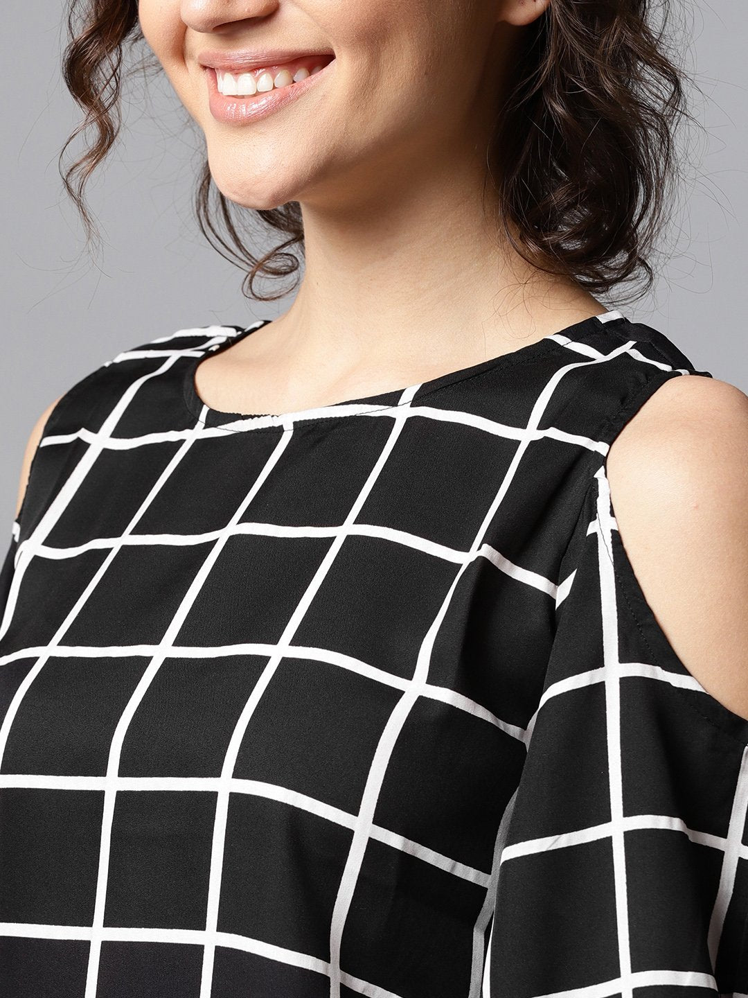 Black checked 3/4th sleeve cold shoulder crepe tunic | NOZ2TOZ - Made In INDIA.