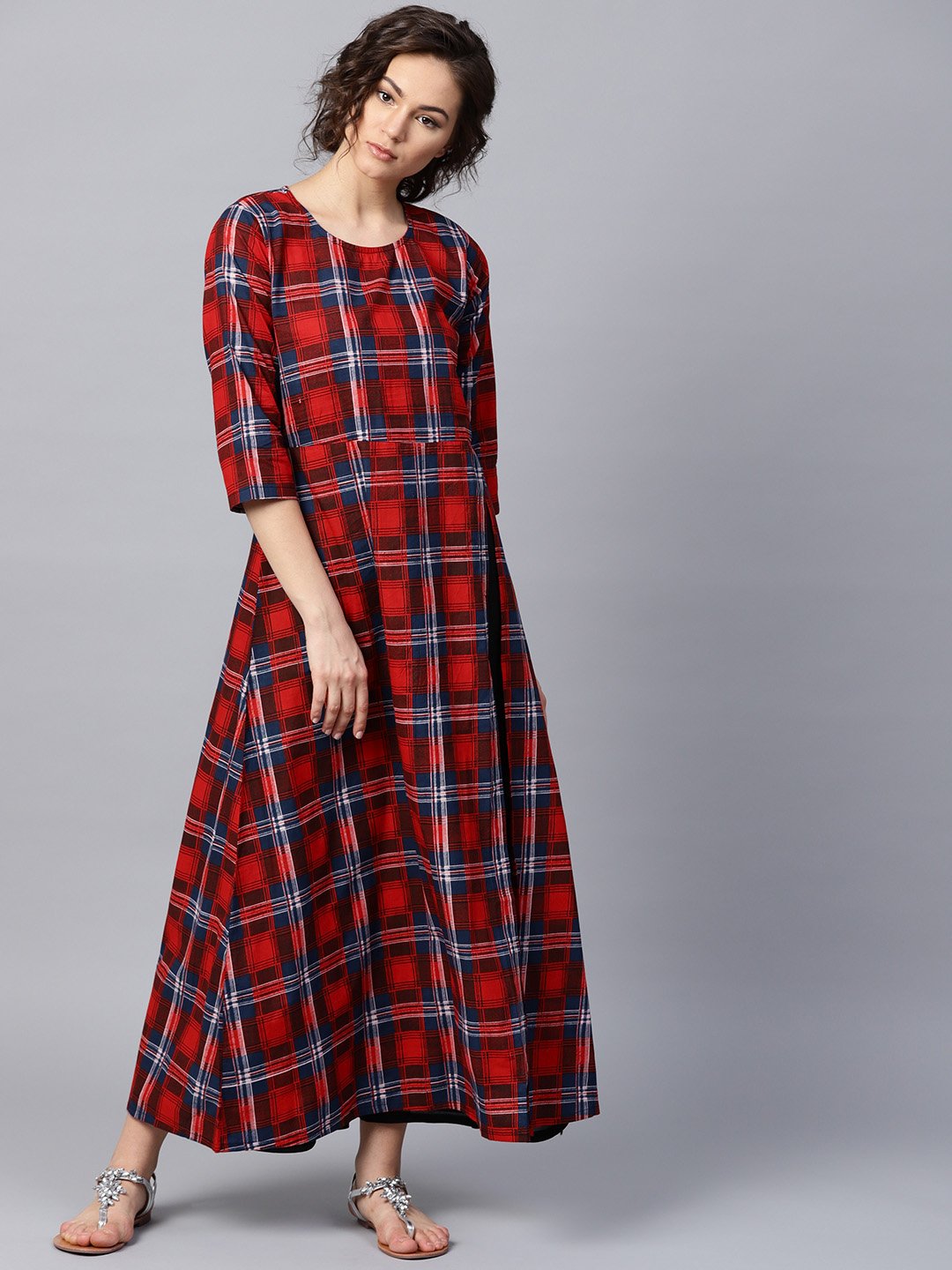 Women Red Ankle Length Three-Quarter Sleeves A-Line Checked Checked Cotton Kurta | NOZ2TOZ - Made In INDIA.