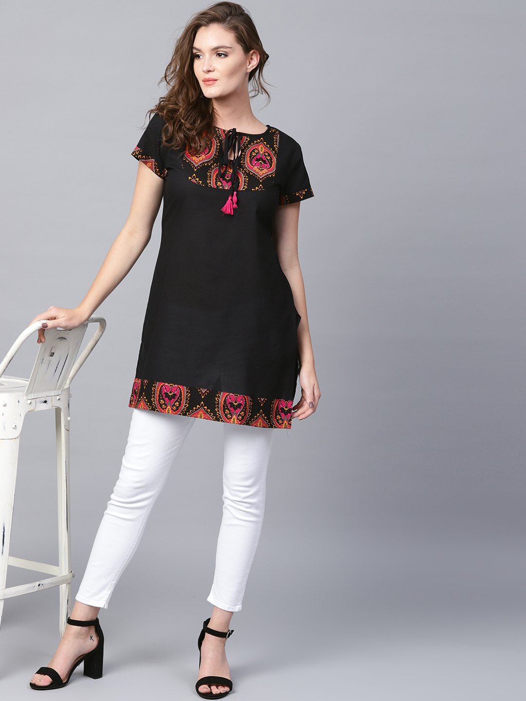 Black yoke printed half sleeve cotton tunic | NOZ2TOZ - Made In INDIA.