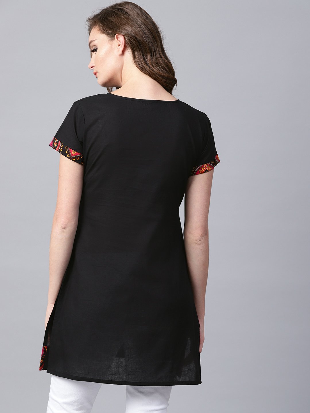 Black yoke printed half sleeve cotton tunic | NOZ2TOZ - Made In INDIA.