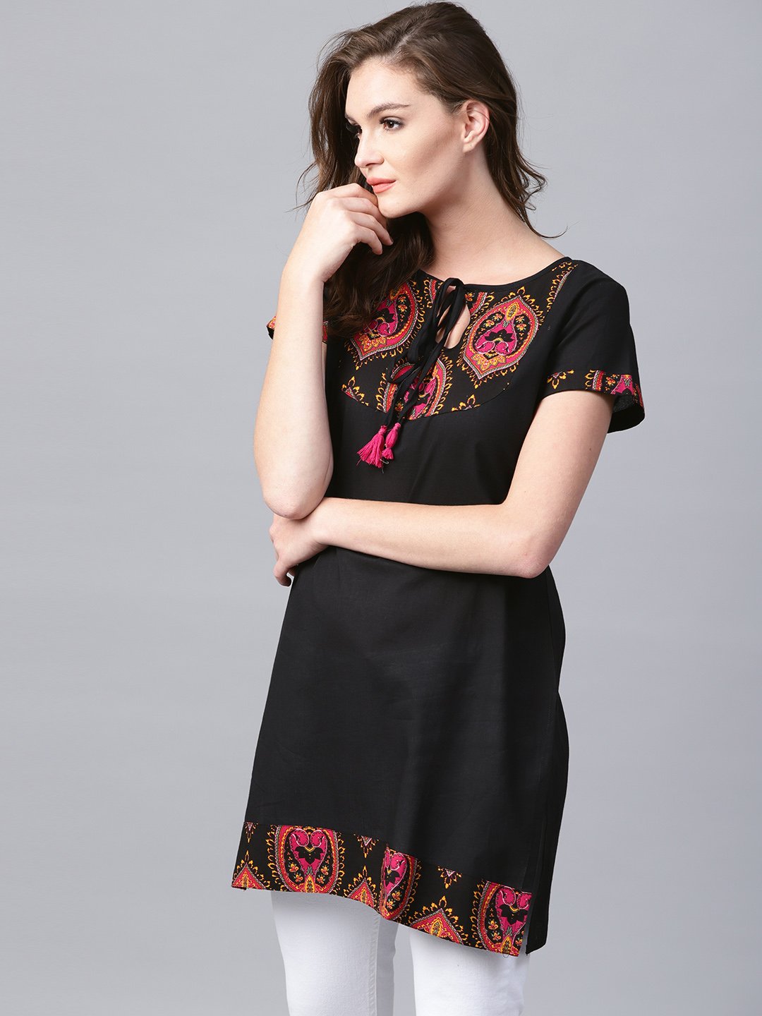 Black yoke printed half sleeve cotton tunic | NOZ2TOZ - Made In INDIA.