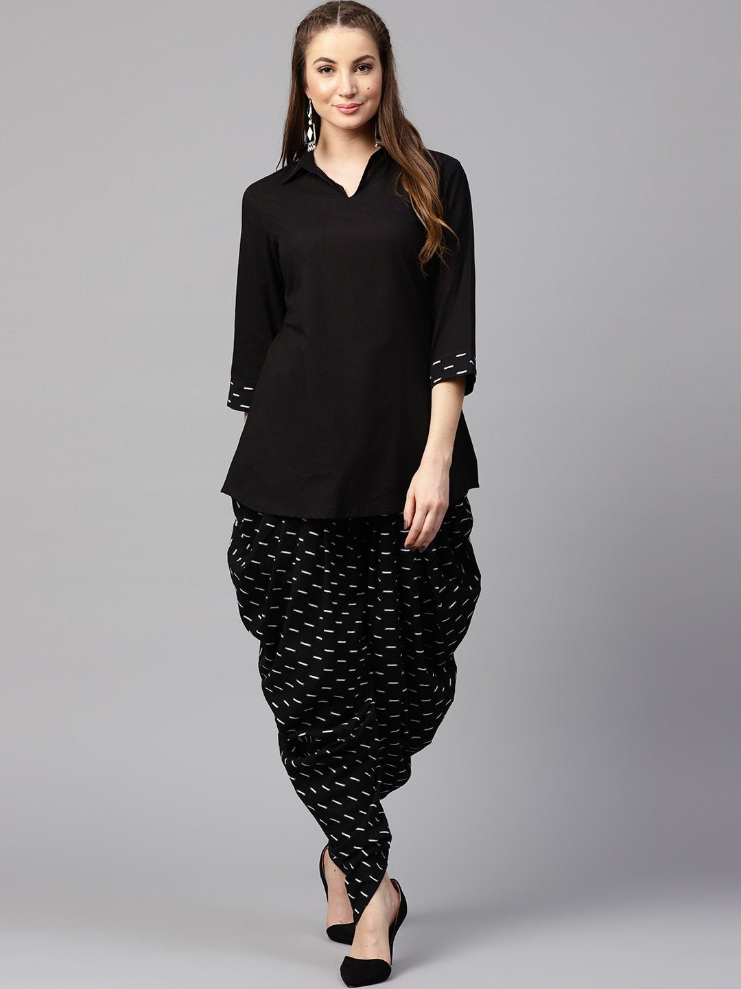 Black 3/4th sleeve cotton shirt with black printed dhoti | NOZ2TOZ - Made In INDIA.