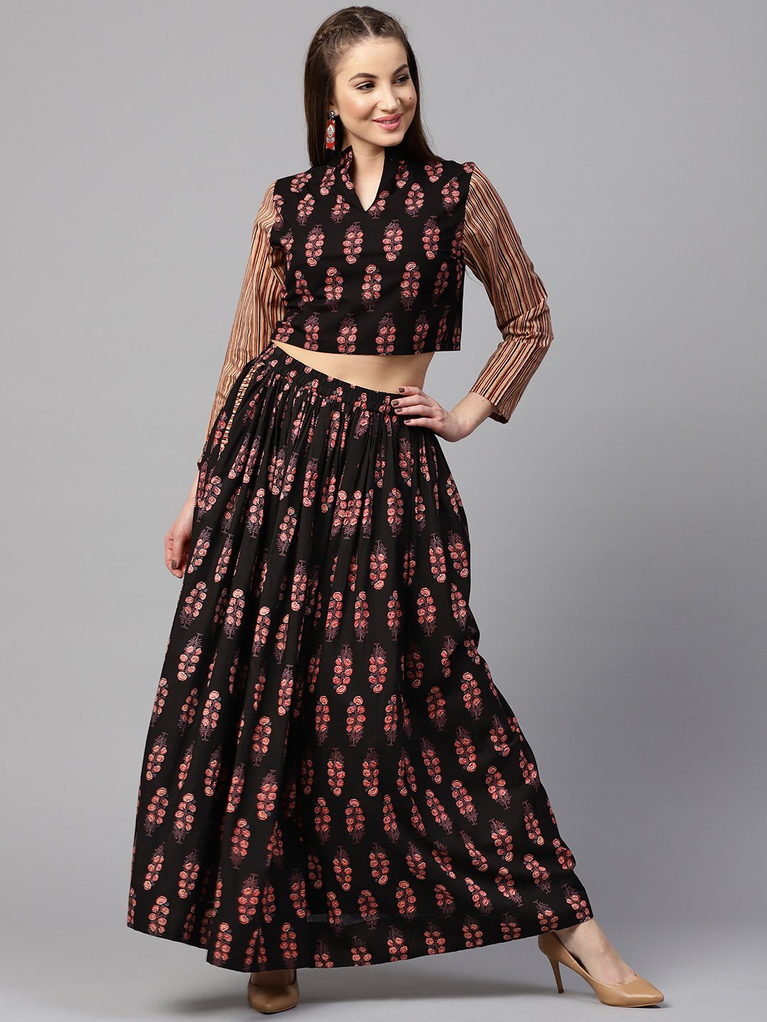 Black printed 3/4th sleeve blouse with black printed flared skirt | NOZ2TOZ - Made In INDIA.