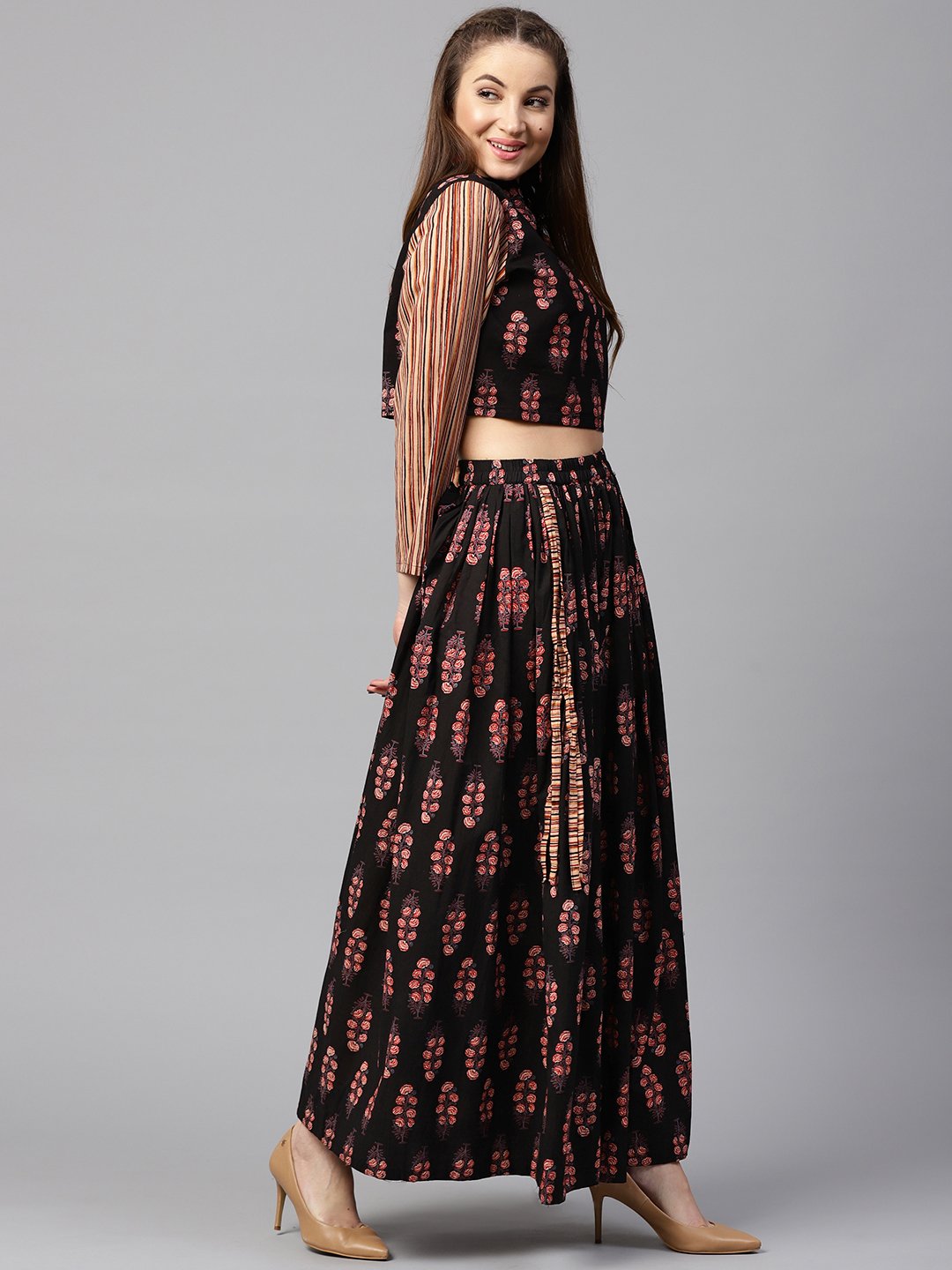 Black printed 3/4th sleeve blouse with black printed flared skirt | NOZ2TOZ - Made In INDIA.