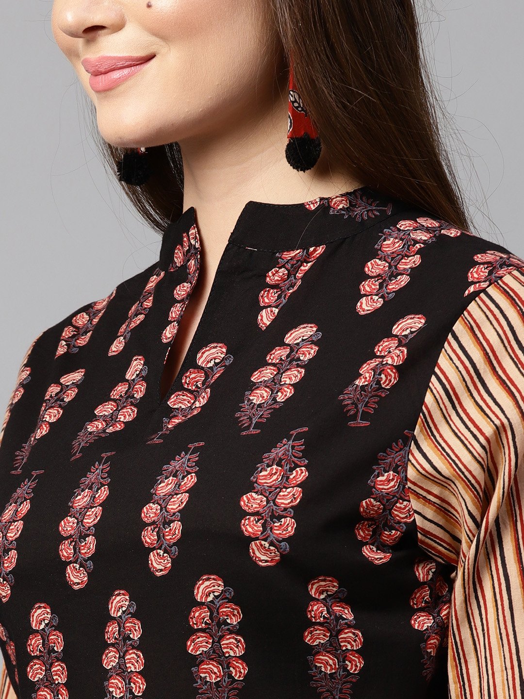 Black printed 3/4th sleeve blouse with black printed flared skirt | NOZ2TOZ - Made In INDIA.