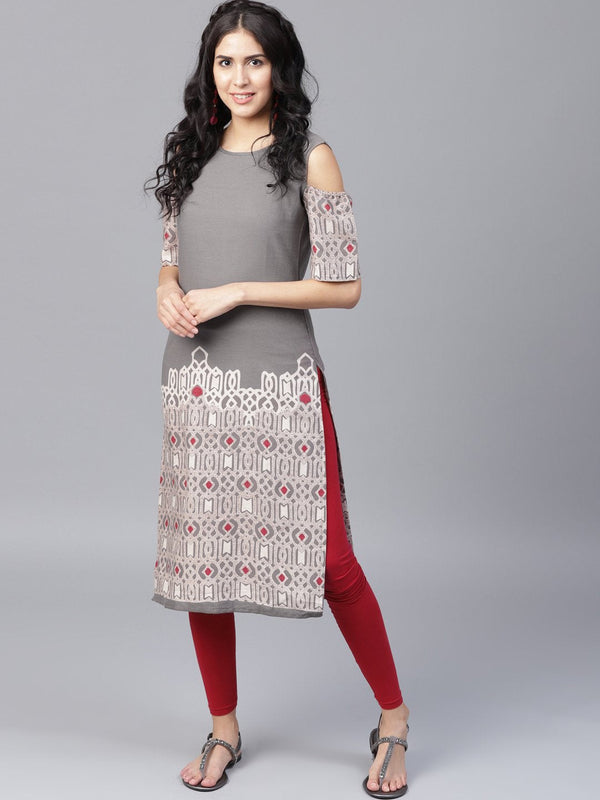 Grey printed half sleeve cold shoulder straight kurta | NOZ2TOZ - Made In INDIA.