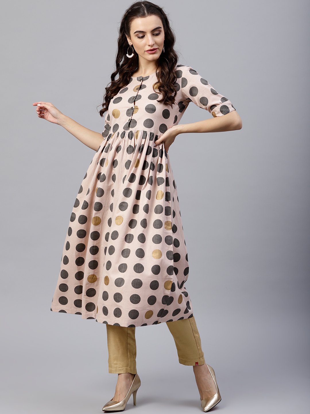 Light Pink circle printed half sleeve cotton flax anarkali kurta | NOZ2TOZ - Made In INDIA.