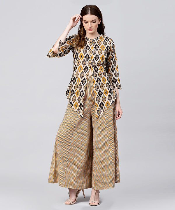 Yellow printed 3/4th sleeve cotton Assymetric tops with striped flared skirt | NOZ2TOZ - Made In INDIA.