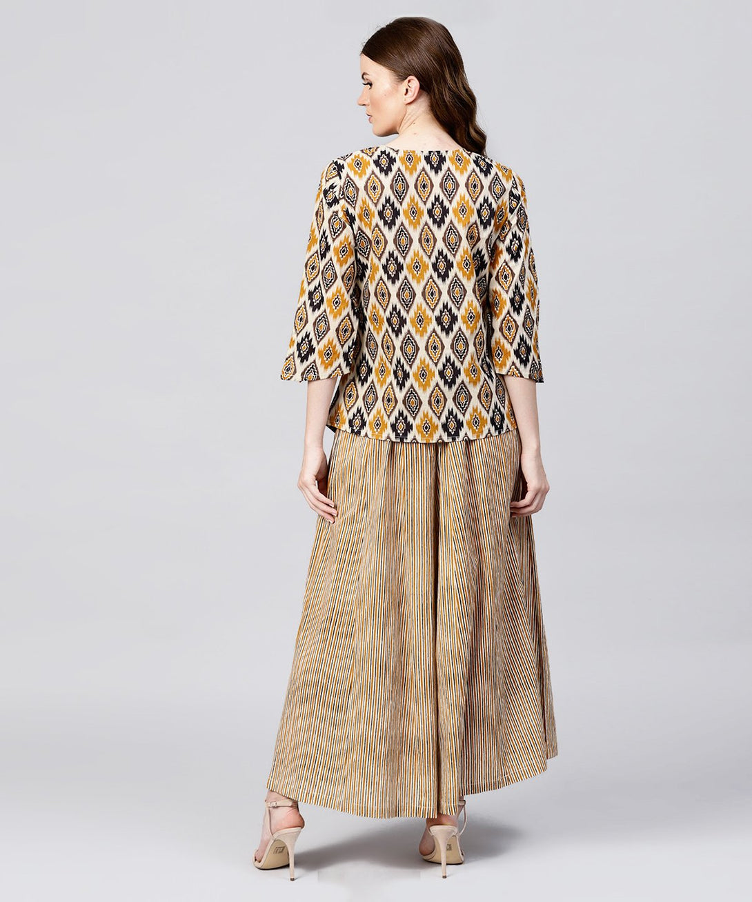 Yellow printed 3/4th sleeve cotton Assymetric tops with striped flared skirt | NOZ2TOZ - Made In INDIA.