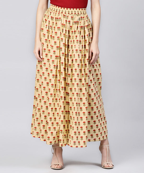 Yellow printed cotton ankle length flared skirt | NOZ2TOZ - Made In INDIA.