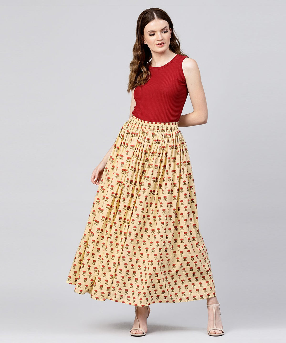 Yellow printed cotton ankle length flared skirt | NOZ2TOZ - Made In INDIA.