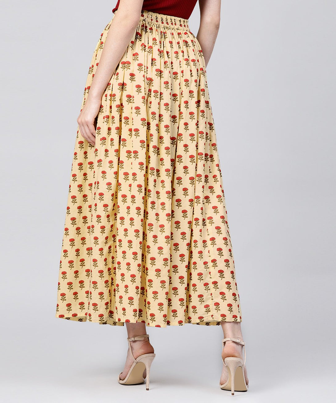 Yellow printed cotton ankle length flared skirt | NOZ2TOZ - Made In INDIA.