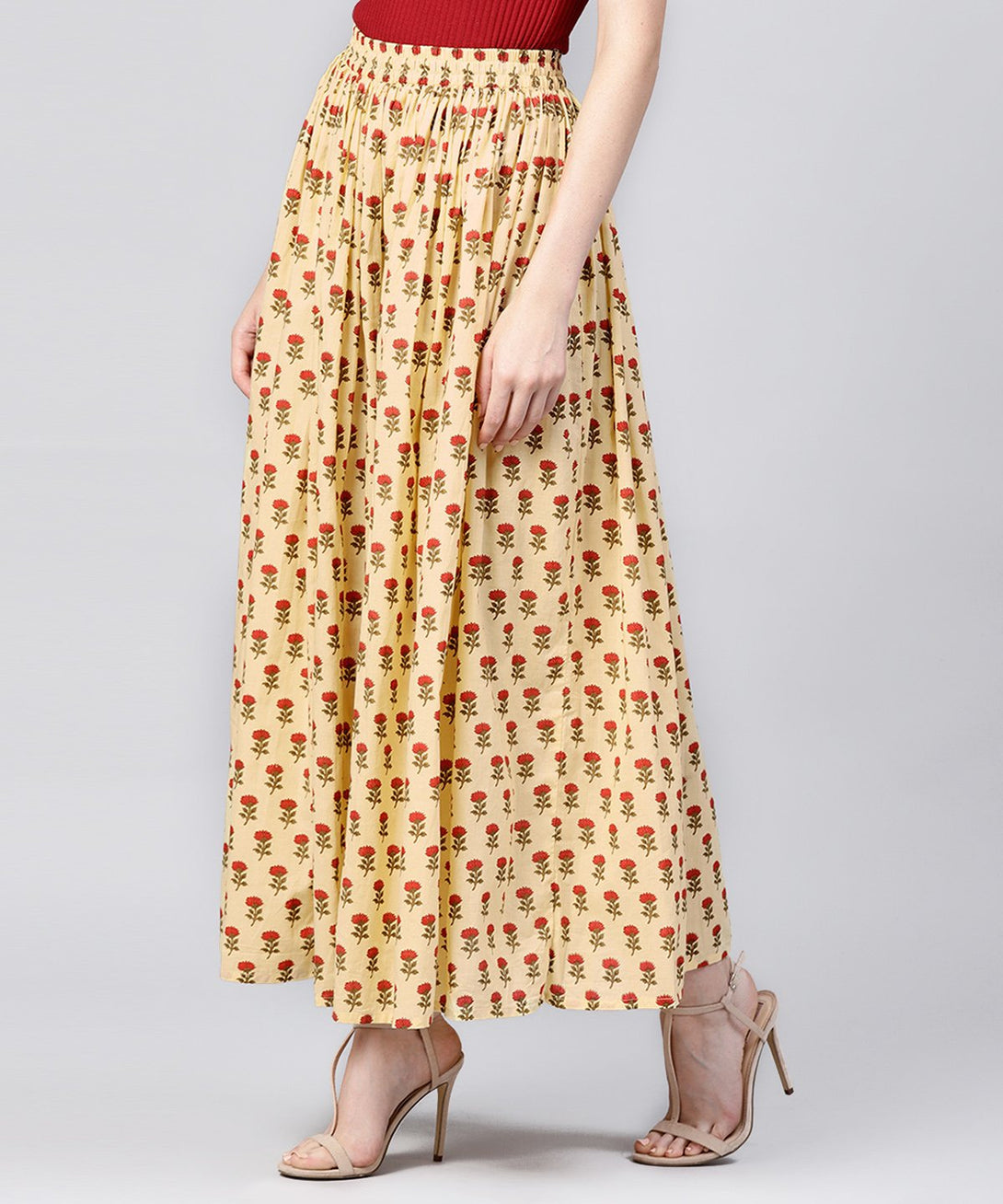 Yellow printed cotton ankle length flared skirt | NOZ2TOZ - Made In INDIA.