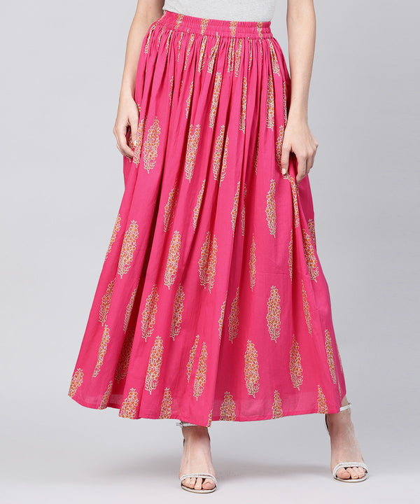 Red printed cotton ankle length flared skirt | NOZ2TOZ - Made In INDIA.