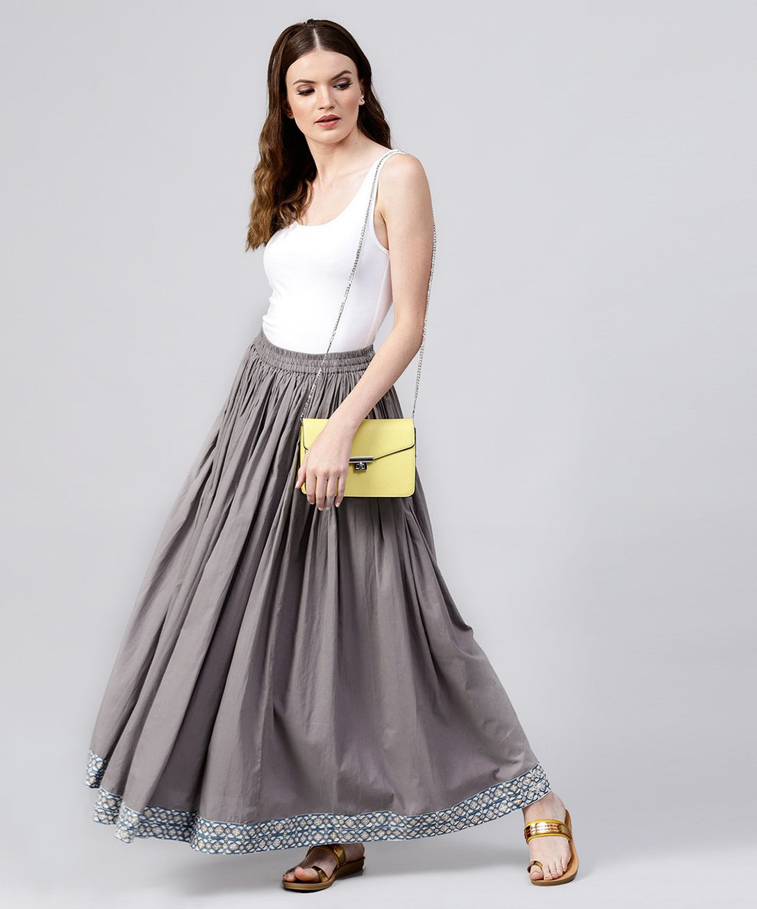 Grey cotton ankle length flared skirt | NOZ2TOZ - Made In INDIA.