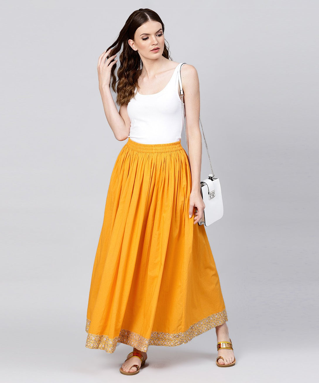 Yellow Ankle length cotton flared skirt | NOZ2TOZ - Made In INDIA.