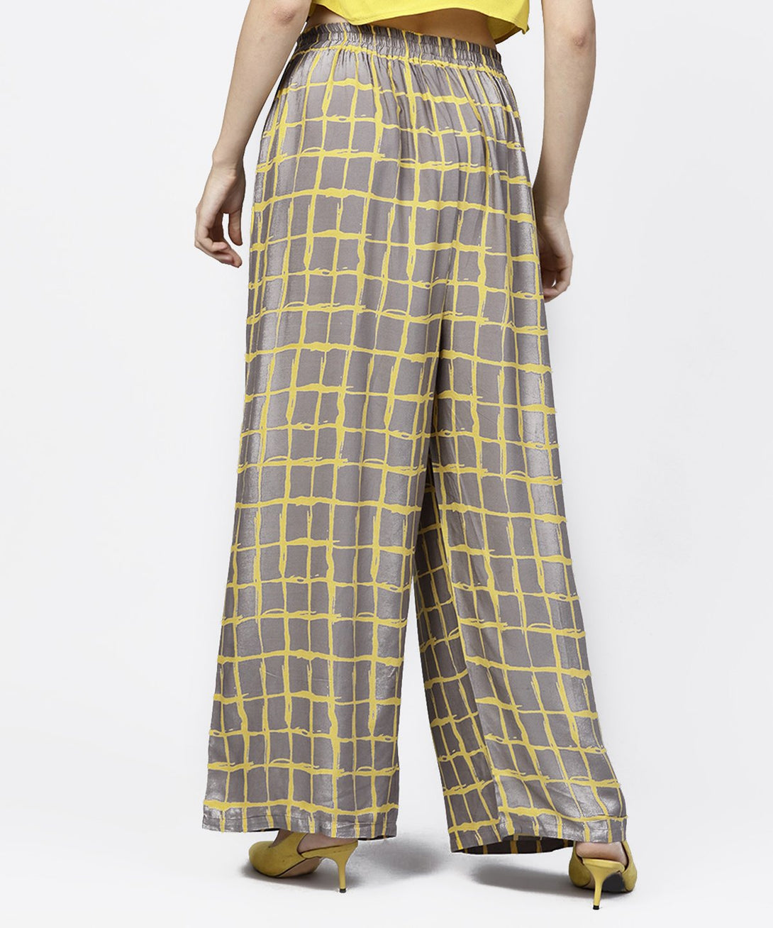 Grey & Yellow checked cotton ankle length pallazo | NOZ2TOZ - Made In INDIA.