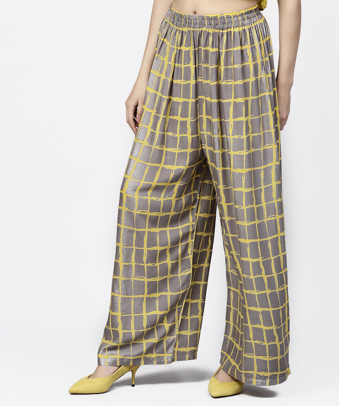 Grey & Yellow checked cotton ankle length pallazo | NOZ2TOZ - Made In INDIA.