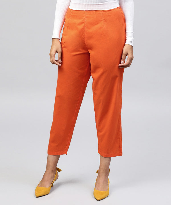 Solid Orange ankle length cotton regular fit trouser | NOZ2TOZ - Made In INDIA.