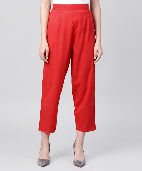 Solid red ankle length cotton regular fit trouser | NOZ2TOZ - Made In INDIA.