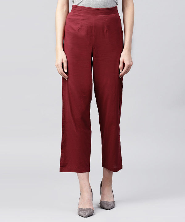 Solid maroon ankle length cotton regular fit trouser | NOZ2TOZ - Made In INDIA.