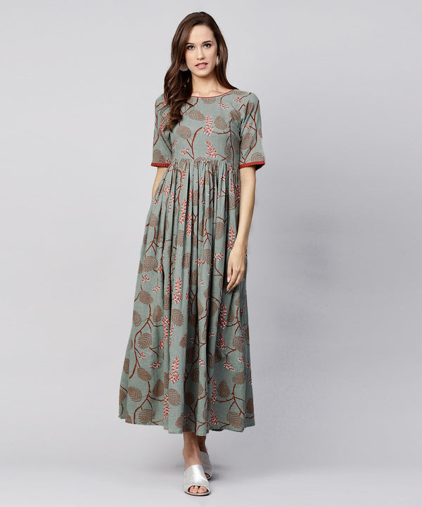 Women Olive Floral Printed Round Neck Cotton Maxi Dress | NOZ2TOZ - Made In INDIA.